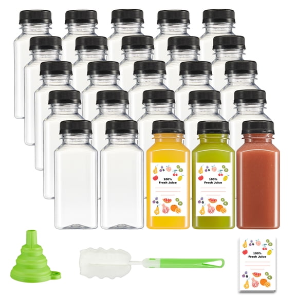 GUSTO Reusable Plastic Juice Bottles with Caps, Labels, Brush, and Silicone Funnel, 8 oz, 25-Pack