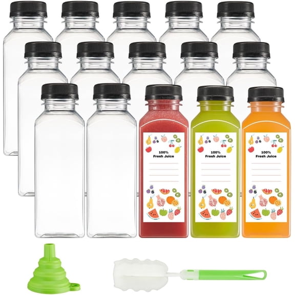 GUSTO Reusable Plastic Juice Bottles with Lids 12 oz Empty Juice Containers, 15 Pack