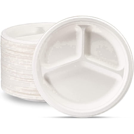 GUSTO 9 Inch 100% Compostable 3-Compartment White Paper Plates, Eco-Friendly Heavy Duty Disposable Dinnerware, 125 Count
