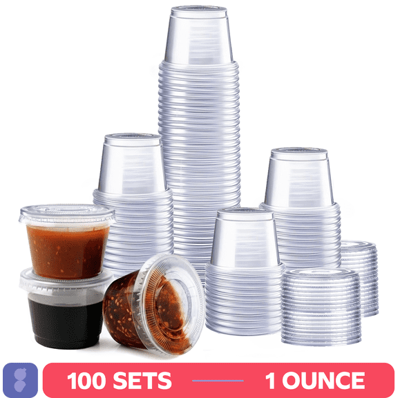 GUSTO 1 oz Jello Shot Cups with Lids, 100 Sets Clear Plastic Condiment Cups for Sauces, Dressings & Food Samples