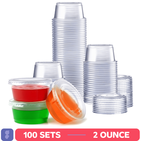 GUSTO 2 oz Plastic Jello Shot Cups with Lids, Disposable Condiment and Sauce Cups with Airtight Lids, 100 Count