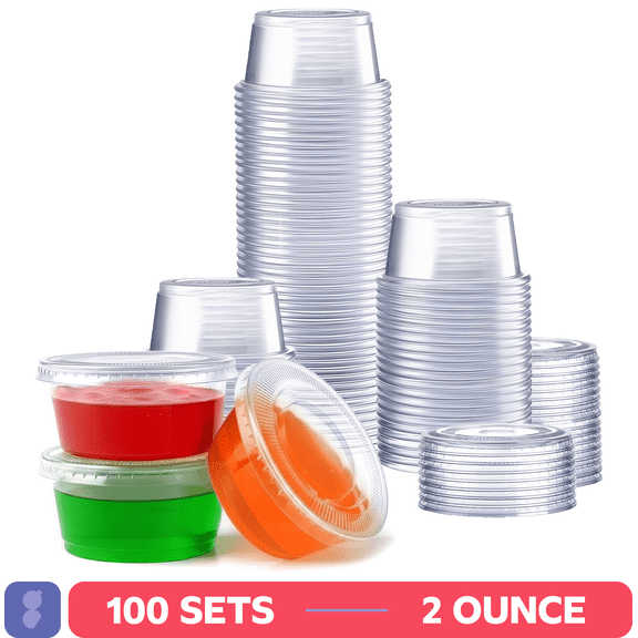 GUSTO 2 oz Jello Shot Cups with Lids, Plastic Portion Cups with Lids, Disposable Condiment Cups and Sauce Containers for Dressings, Dips and Samples, 100 Sets