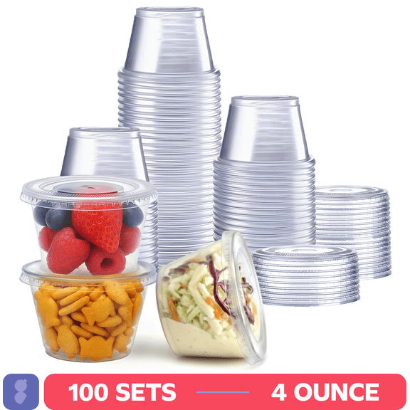 GUSTO Small Plastic Cups with Lids Portion Cups & Dessert Cups, 4oz 100-Pack
