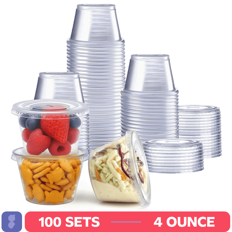 GUSTO 4 oz Jello Shot Cups with Lids, 100 Sets Clear Plastic Condiment Cups  for Sauces, Dips, Snacks & Food Samples