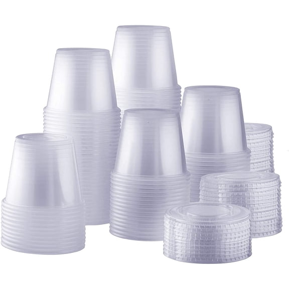 GUSTO Small Plastic Cups with Lids Portion Cups & Dessert Cups, 5.5oz 100-Pack