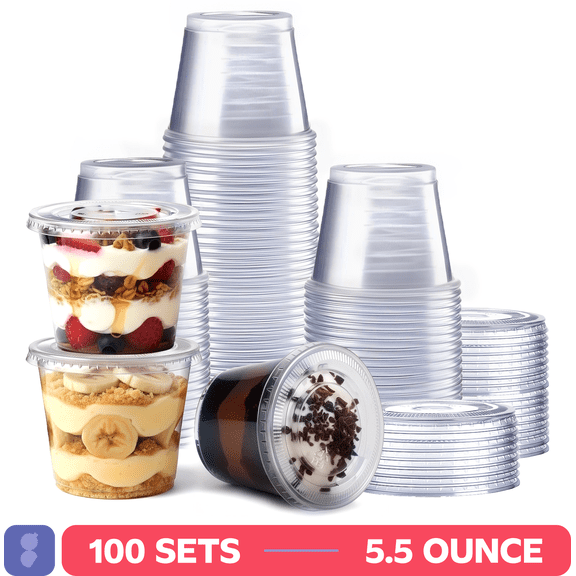 GUSTO Small Plastic Cups with Lids Portion Cups & Dessert Cups, 5.5oz 100-Pack