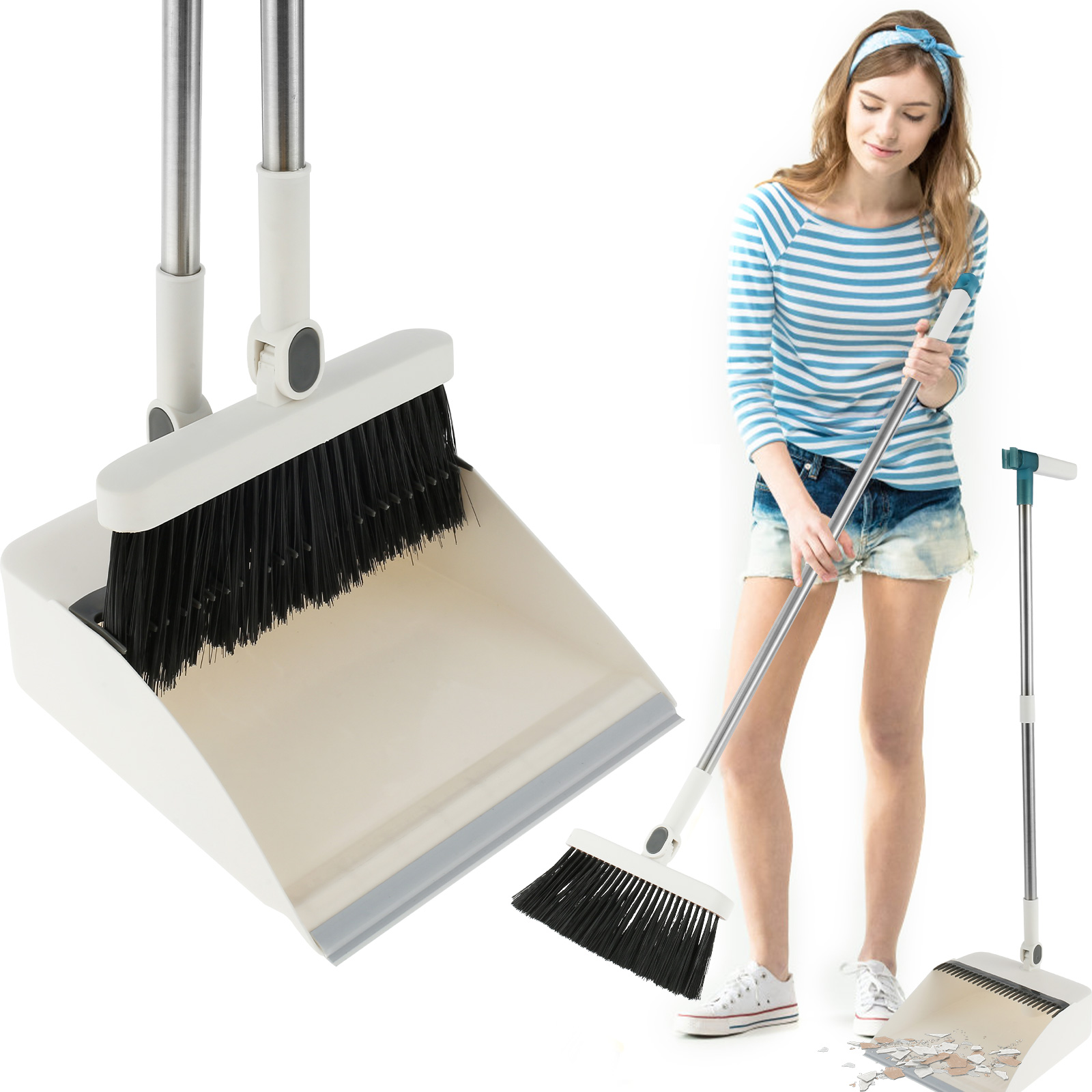 GUSTVE Long Handle Broom and Dustpan Set with Storage Design