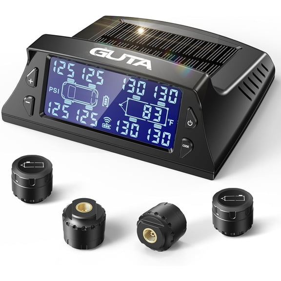 GUTA GT40 RV Tire Pressure Monitoring System, TPMS Set of 4 Sensors|Monitor Up to 10 Tires, 0-188PSI, Solar/USB Charging, 6 Alarm Modes, Power Saving Mode, LCD Display, for RV/Trailer/SemiTruck