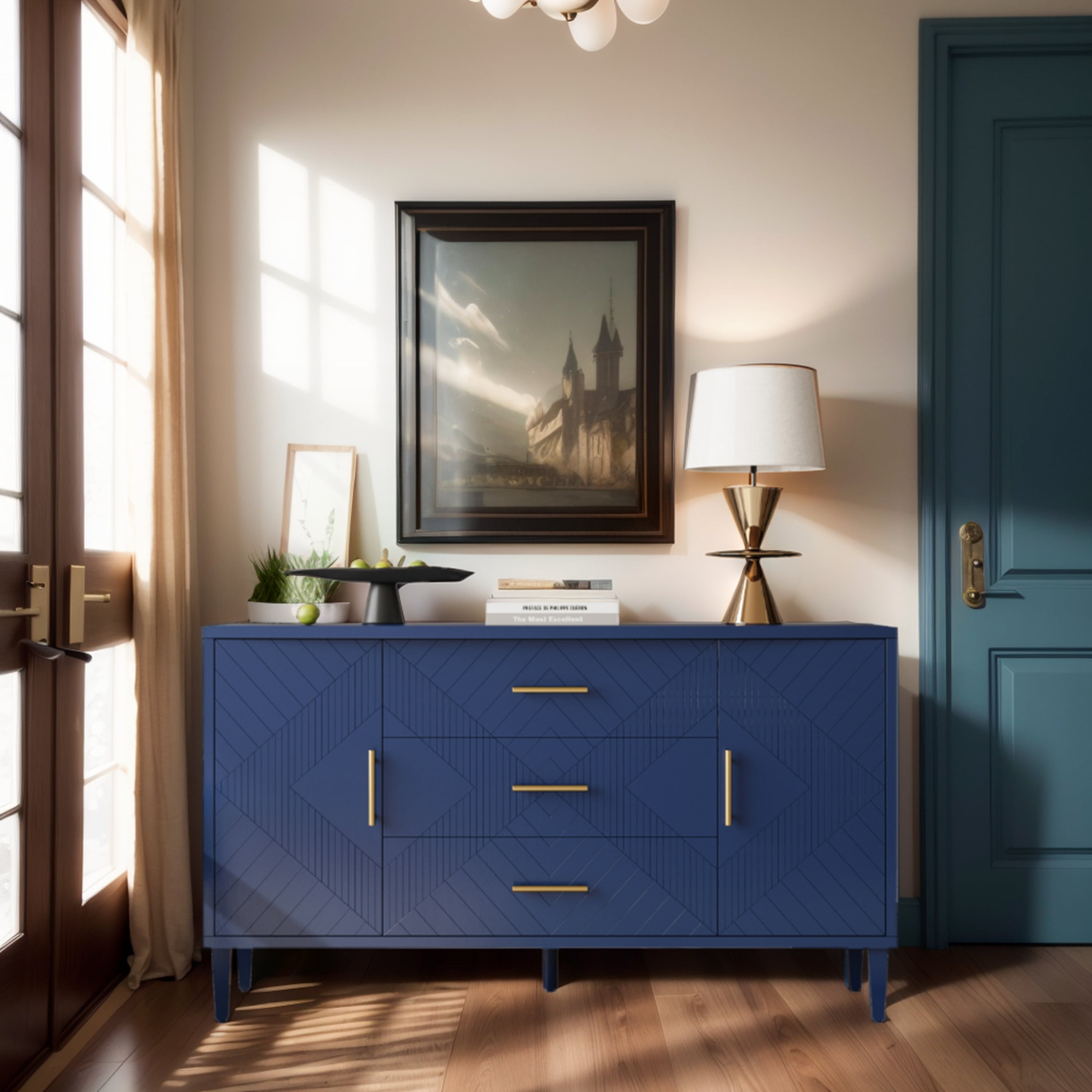 Navy Blue Dark Wood 3-Drawer Accent Cabinet with Adjustable Shelving