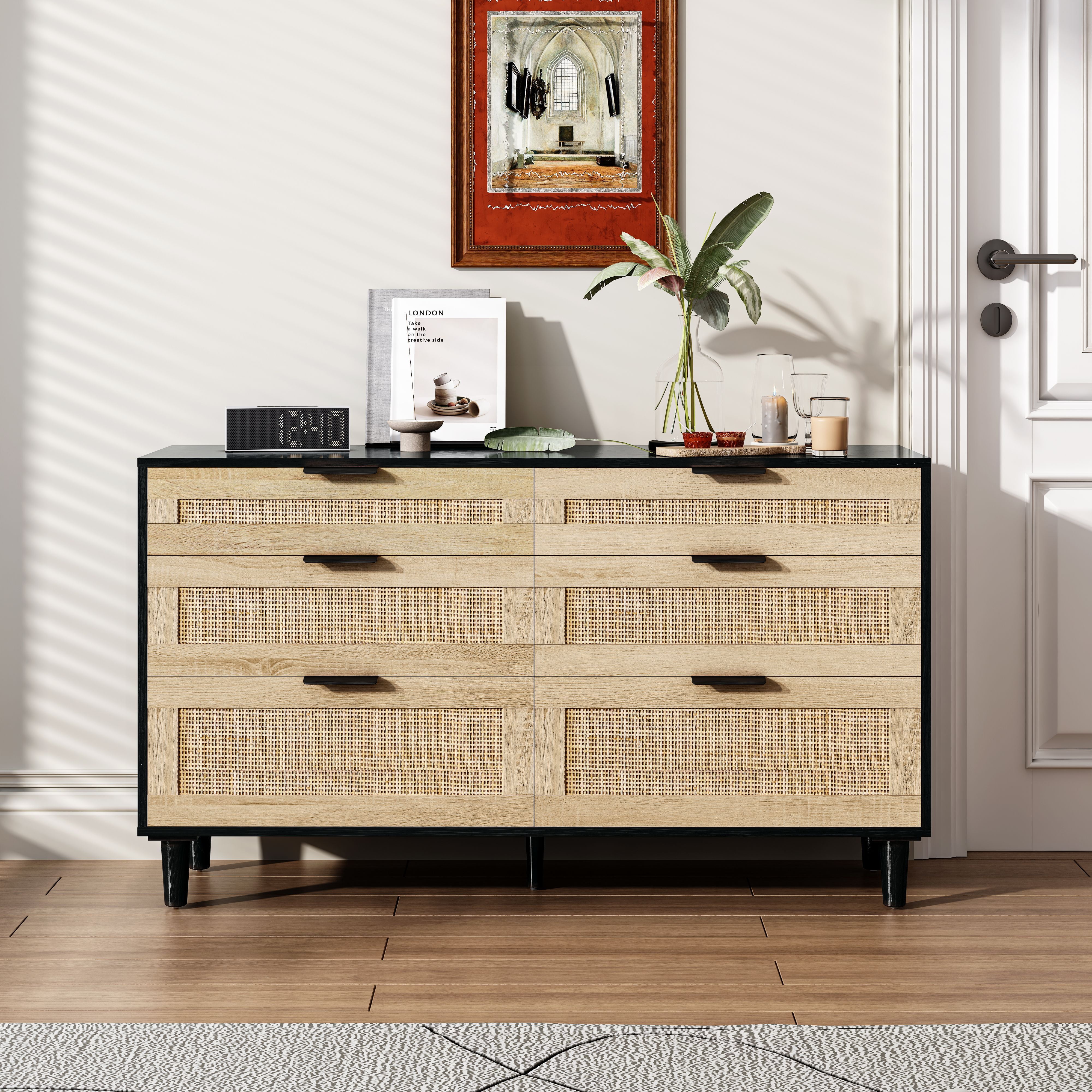 Black and Natural Rattan 51" Dresser with Deep Drawers