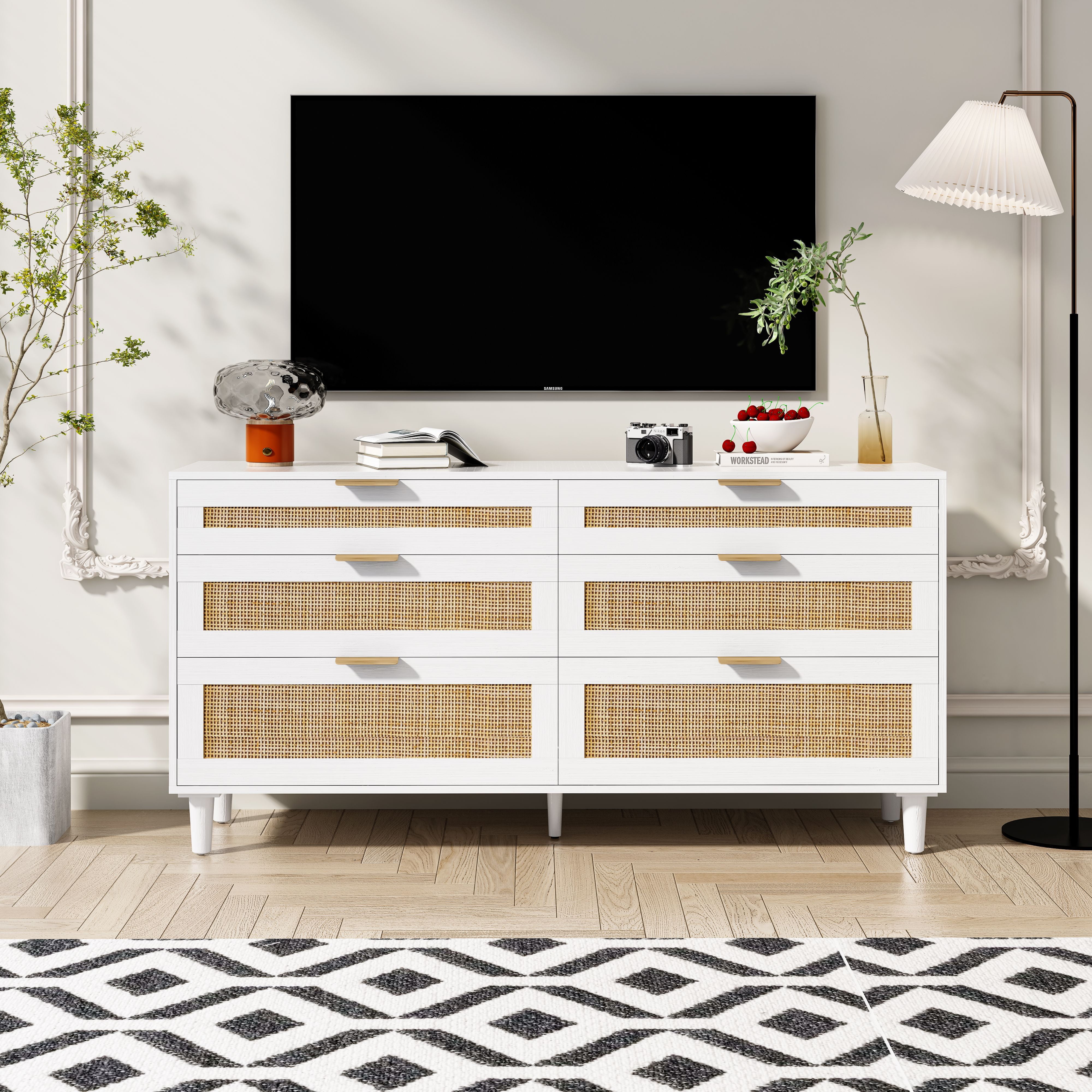 White 59" Rattan Dresser with Extra Deep Drawers and Metal Handles