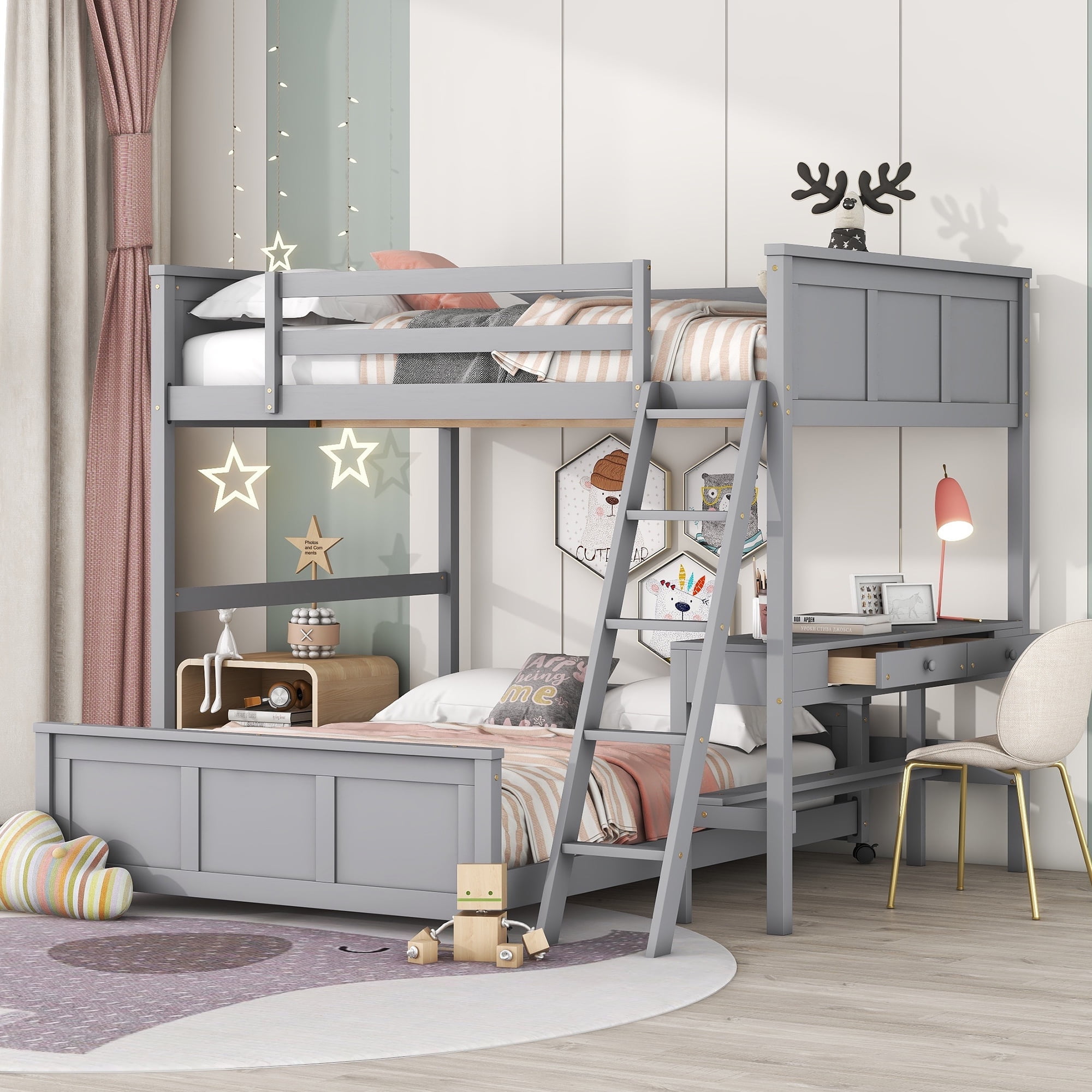 Gray Full Over Full Pine Wood Bunk Bed with Desk and Drawers
