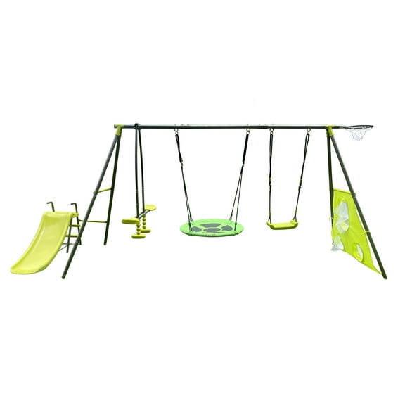 GUTALOR Green and Blue 6-Function Swing Set for Outdoor Playground - 440lbs Capacity, Ages 3+, Includes 31.5in Net Swing
