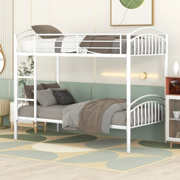 GUTALOR Steel bunk bed with chrome finish, built-in slats, safety guardrails, can be separated into 2 twin beds, no box spring needed-White