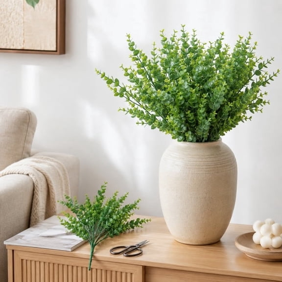 GUTRYIY 6pcs UV Resistant Artificial Eucalyptus Boxwood Stems, Faux Greenery for Outdoor Planters, Porch, Patio & Backyard Decor
