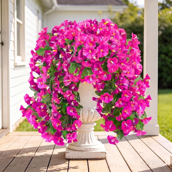 GUTRYIY Artificial Fake Hanging Flowers Plants for Outdoor Outside Spring Summer Decoration 4PCS Faux Silk UV Resistant Realistic Morning Glory Trailing Vines for Home Porch Patio Balcony(Purple red)