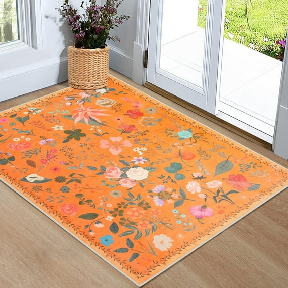 GUUCHA 2'x3'Area Rugs for Living Room Floral Print Rug Floor Carpet for Bedroom,Orange