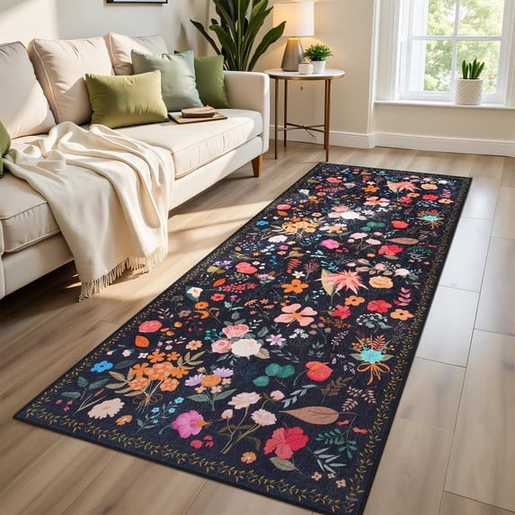 GUUCHA 2'x6'Area Rugs for Living Room Floral Print Rug Floor Carpet for Bedroom,Black
