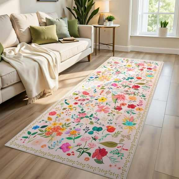 GUUCHA 2'x6'Area Rugs for Living Room Floral Print Rug Floor Carpet for Bedroom,Cream White