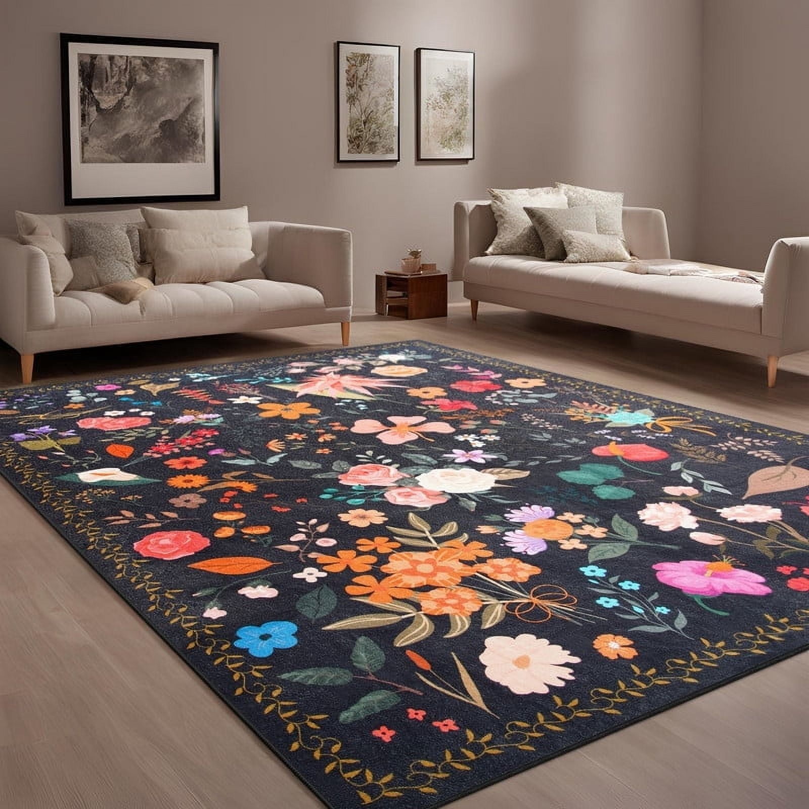 GUUCHA 4'x6'Area Rugs for Living Room Floral Print Rug Floor Carpet for Bedroom,Black