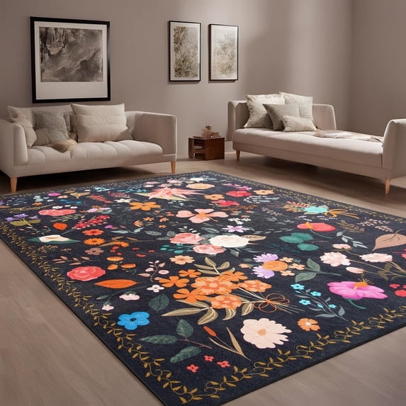 GUUCHA 5'x7'Area Rugs for Living Room Floral Print Rug Floor Carpet for Bedroom,Black