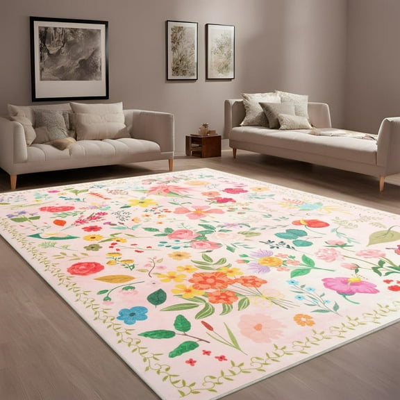 GUUCHA 5'x7'Area Rugs for Living Room Floral Print Rug Floor Carpet for Bedroom,Cream White
