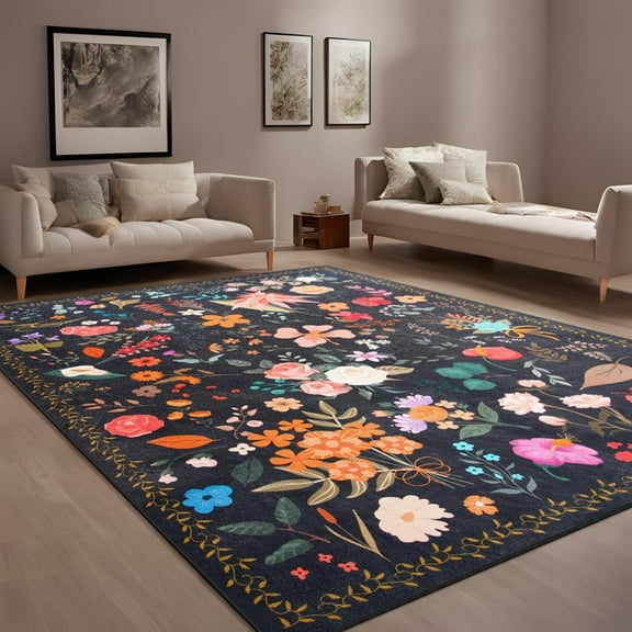 GUUCHA 6'x9'Area Rugs for Living Room Floral Print Rug Floor Carpet for Bedroom,Black
