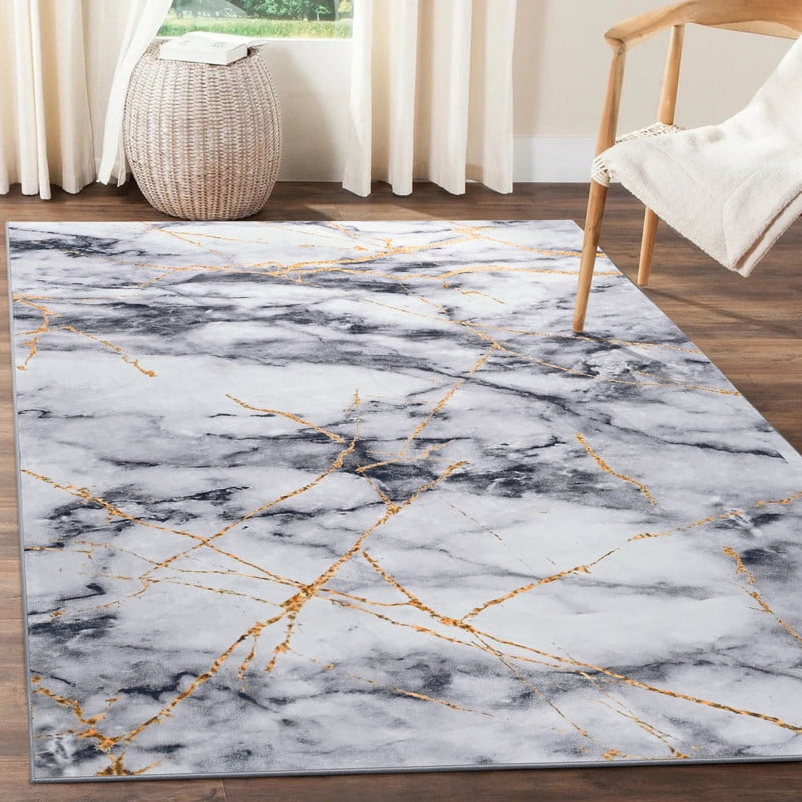 Gray and Gold Abstract 8' x 10' Hand-knotted Synthetic Rug