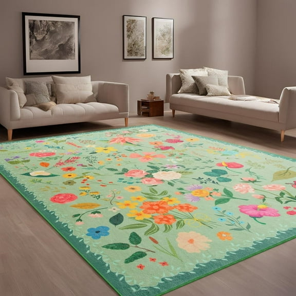 GUUCHA 8'x10'Area Rugs for Living Room Floral Print Rug Floor Carpet for Bedroom,Green