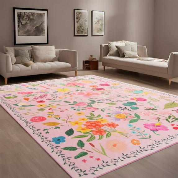 GUUCHA 8'x10'Area Rugs for Living Room Floral Print Rug Floor Carpet for Bedroom,Pink