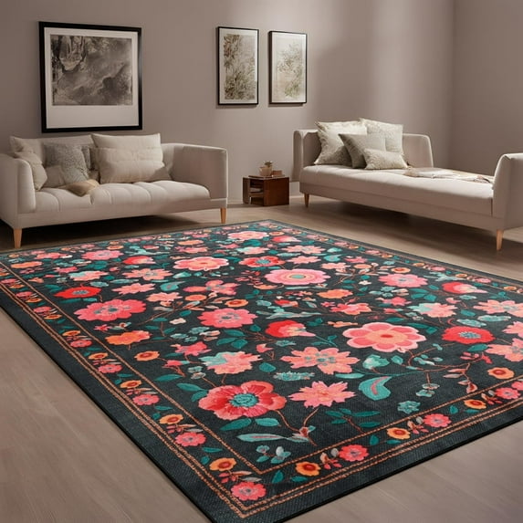 GUUCHA 9'x12'Area Rugs for Living Room Floral Print Rug Floor Carpet for Bedroom,Black/Red