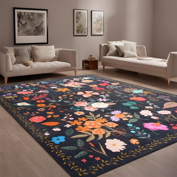 GUUCHA 9'x12'Area Rugs for Living Room Floral Print Rug Floor Carpet for Bedroom,Black