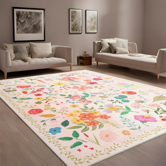 GUUCHA 9'x12'Area Rugs for Living Room Floral Print Rug Floor Carpet for Bedroom,Cream White