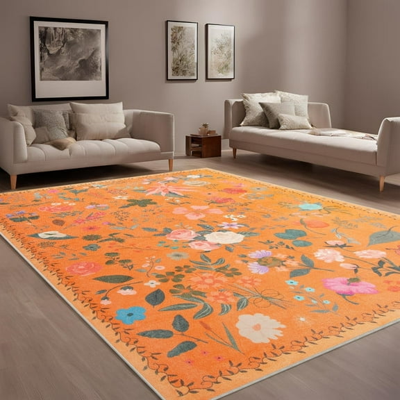 GUUCHA 9'x12'Area Rugs for Living Room Floral Print Rug Floor Carpet for Bedroom,Orange