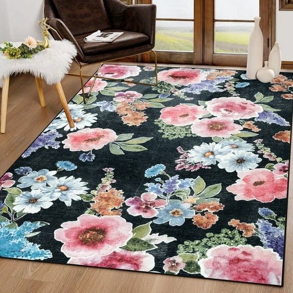 GUUCHA Floral Area Rug for Bedroom Soft Rugs Non Slip Carpet Vintage Rug,8'x10',Black/H19