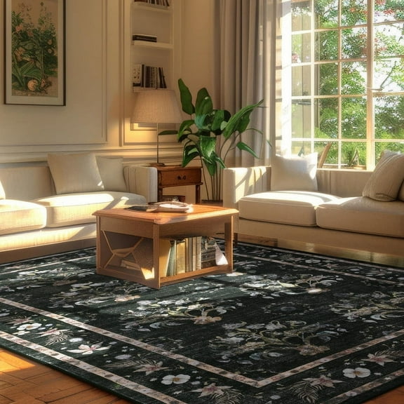 GUUCHA Living Room Rug Large Area Rug 4'x6' Floral Rug for Bedroom,Black/Coffee