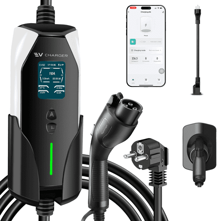 GUWIEYG Portable Level 1&2 EV Charger, 16A 100-240V 25FT J1772 Charger, Portable Electric Vehicle Charging with NEMA 6-20 Plug and NEMA 5-15 Adapter, Adjustable Current, Delay Timer, App Control