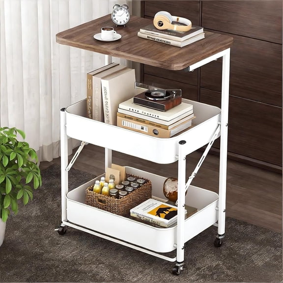 GUYGU 2-Tier Rolling Utility Cart with Lockable Wheels and Wood Top Metal Storage Organizer for Kitchen Office Maple-White