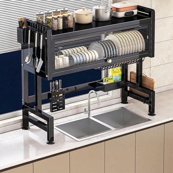 GUYGU 33.5'' Metal 3-Tier Over Sink Dish Rack, Space-Saving Kitchen Sink Shelf with Cover for Dishes, Glasses, Bowls & Cutlery,Black