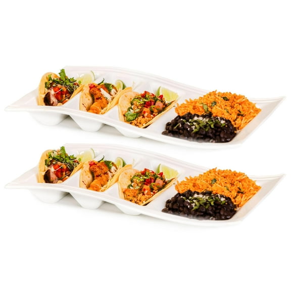 GUYTRENDz Stackable Taco Serving Plate with Dividers, Stylish China Taco Holder with 3 Slots & 1 Flat Section, Durable, Scratch-Resistant Dinner Dish for Tacos, Sushi, Appetizer, & More, Set of 2
