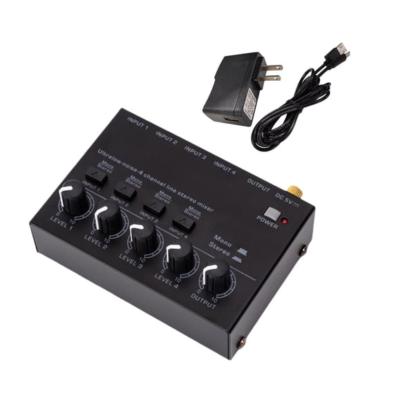 GUYUTING Black 4-Channel Audio Mixer for Small Stage Setups with Independent Volume Adjustment and AC Input