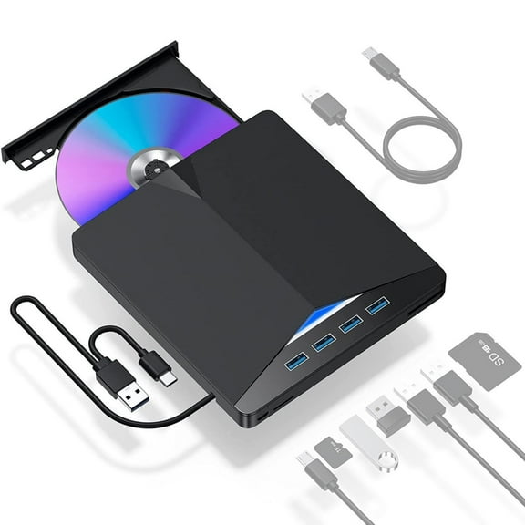 GUYUTING External USB 3.0 CD DVD Writer 7 in 1 Hub Fast 5Gbps Windows Mac OS with TF SD Card USB C Easy Install No Driver Needed