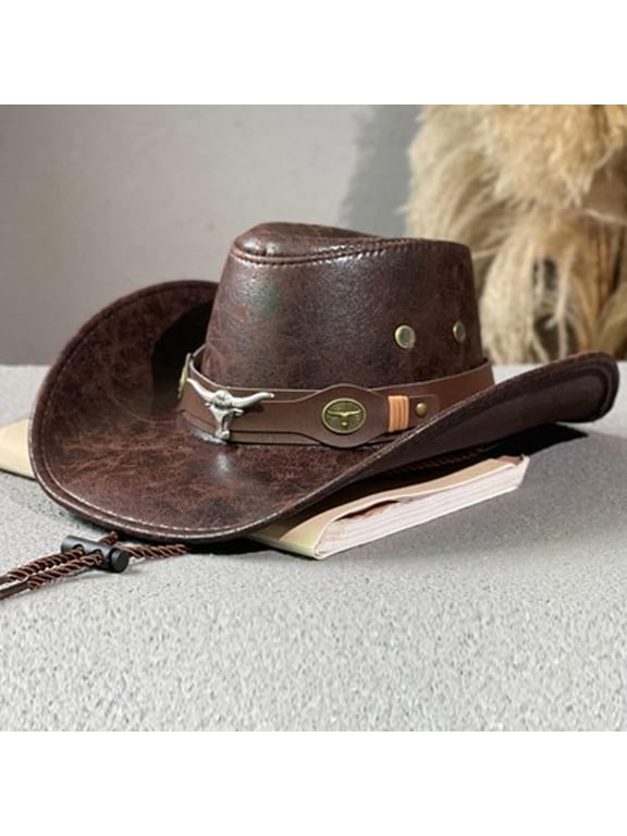 Vintage Western Cowboy Hat Ox Head Belt Rivet Fedora Hats for Men Women Outdoor Travel Wide Brim Faux Leather Cowgirl Sun Caps