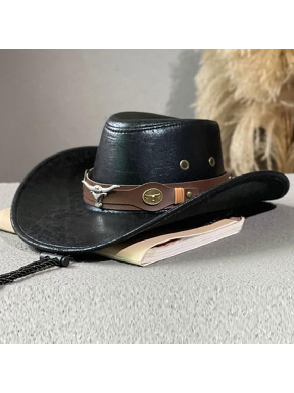 Vintage Western Cowboy Hat Ox Head Belt Rivet Fedora Hats for Men Women Outdoor Travel Wide Brim Faux Leather Cowgirl Sun Caps
