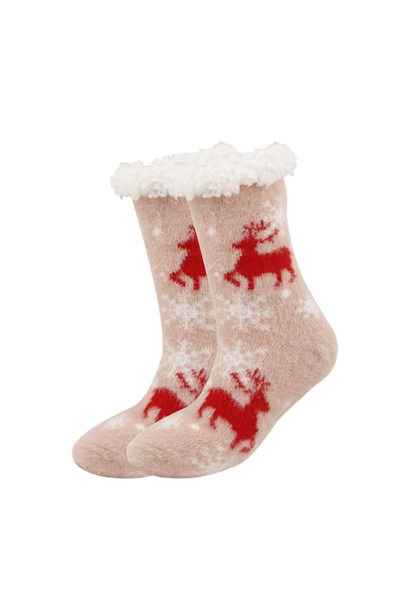 Adult Unisex Pink Christmas Socks - Warm Fleece Cuff, Reindeer Snowflake, One Size, Holiday Gift,Size Free Size