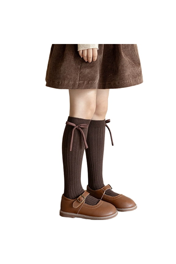Coffee Bow Knee-High Socks for Girls - Cotton Knit Soft Breathable, Cute 4-8 Years Old Casual/School Socks,Size 6-14T