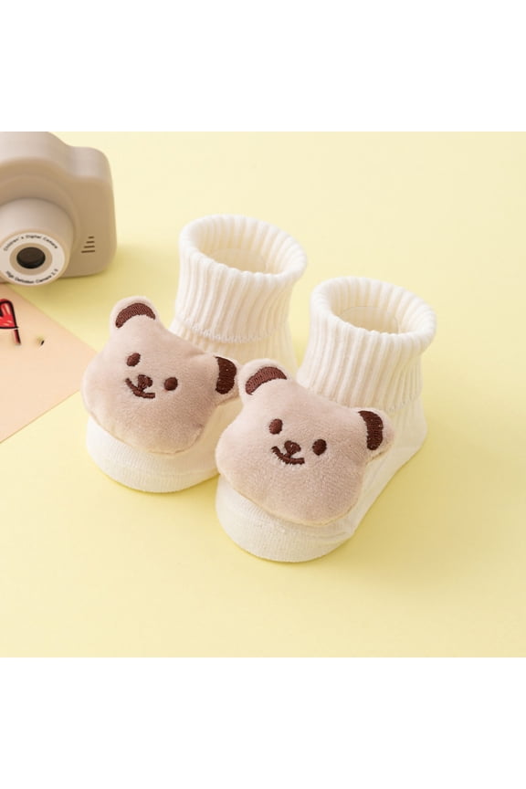 Cotton Kids Socks for Girls - 3D Plush Bear High-Top, Stay-Put Non-Slip, White, 0-3 Years (S/M Sizes, Soft Breathable),Size M