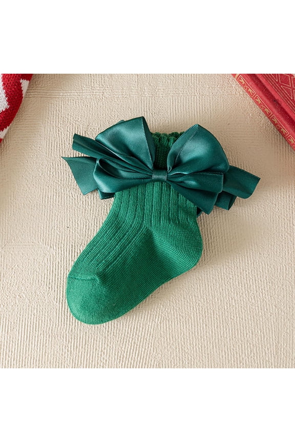 Girls Green Cotton Socks with Oversized Satin Bow - Festive for Christmas, Rib-Knit Soft Breathable, Fit Kidss & Kids 1-12 Years (S/M/L/XL) - 1 Pair,Size 1 T