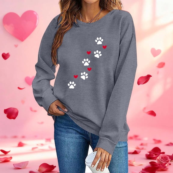 GUZOM Gray Womens Cozy Pet Paw Print Crewneck Sweatshirt - Valentine's Day Loose Casual Pullover for Dog/Cat Lovers,Size XL