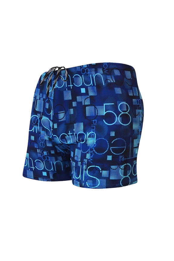 Hikido Mens Swim Trunks Board Shorts Blue Geometric Print, Quick Dry & Stretch Fabric, Mesh Lining, Drawstring Waist (Waist 30-36 in),Size Free Size